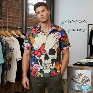Manfinity Men’s XL Floral Skull Boxy Cropped Button Up Shirt Streetwear Festival